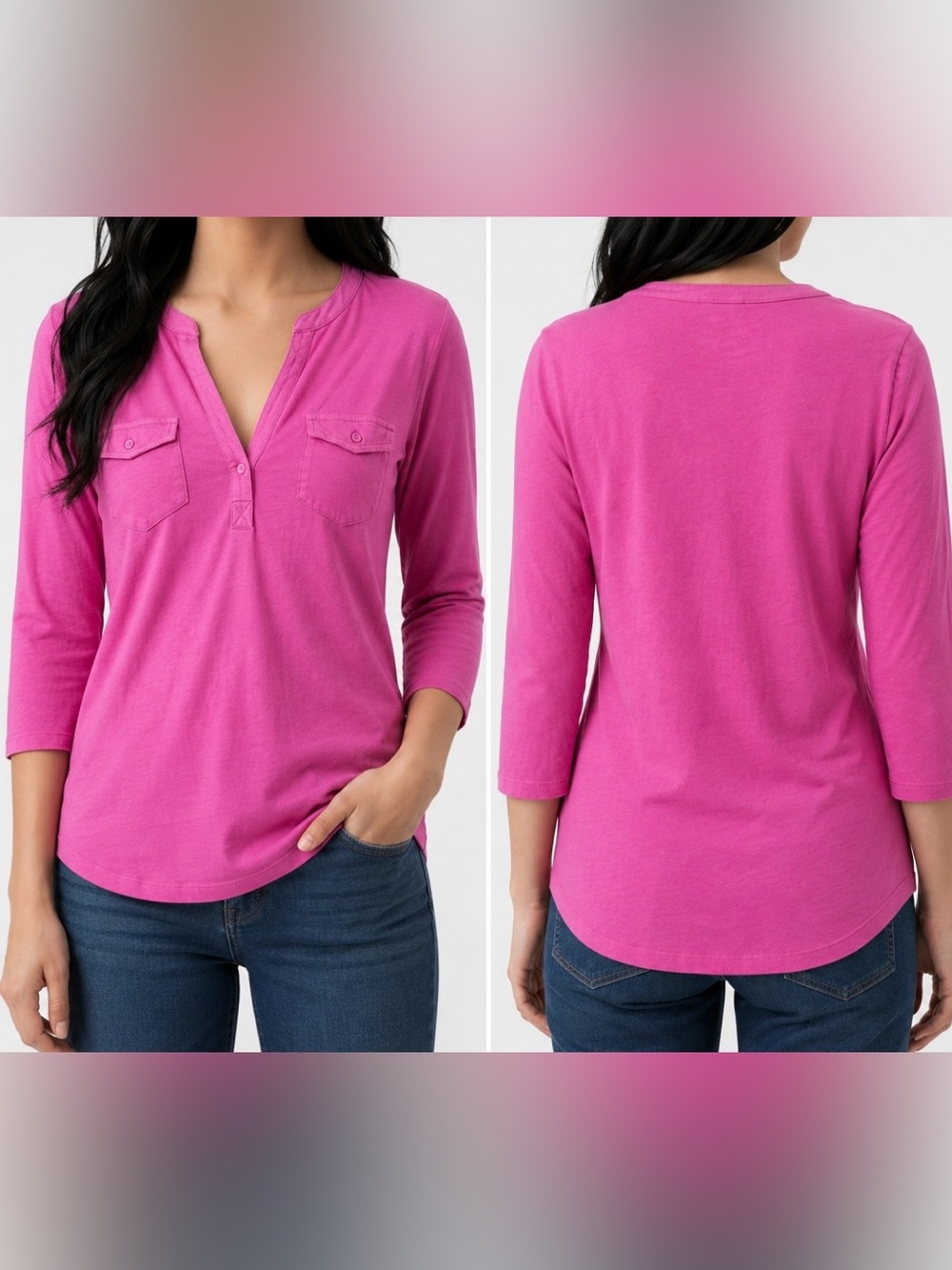 GAP Women’s Split V-Neck Pocket Long-Sleeve Tee — Hot Pink